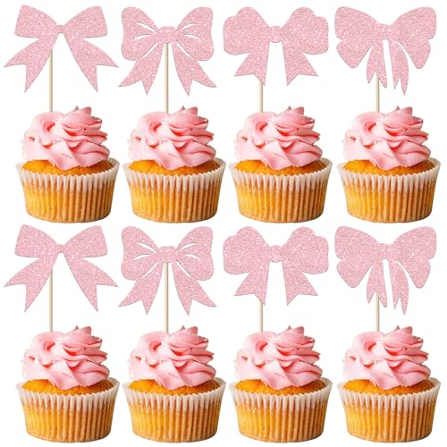 Rsstarxi 24 Pack Pink Bow Cupcake Toppers Bow Themed Party Decorations Bowknot Cupcake Picks for Bridal Baby Shower Girls Birthday Wedding Party Cake Decorations