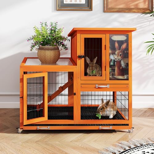 COZIWOW Rabbit Cage Indoor with Wire Bottom, 2-Level Large Wooden Bunny Hutch on Wheels Outdoor for Multiple Small Animals, Orange + Colorful Patterns