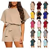 YRAETENM Rompers for Women Casual Solid Loose Short Sleeve Crew Neck Jumpsuits High Waist Belted Wide Leg Romper Shorts