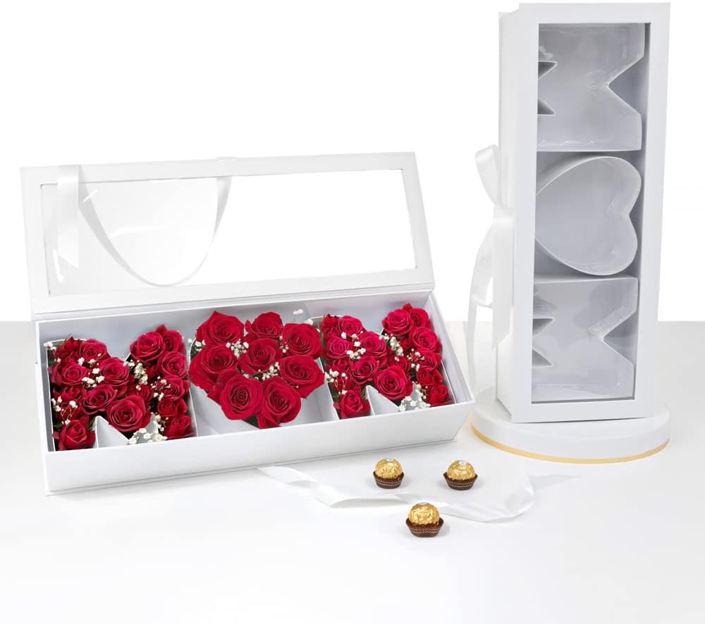 UNIKPACKAGING “MOM” Flower Gift Letter Shaped Fillable Box, with Plastic Liner, Size 22? x 8? x 4? inches, for Luxury Style Flower and Gift Arrangements (White)