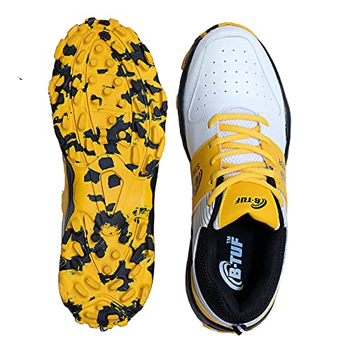 Image of B-TUF Striker Cricket Shoes /Studs Spikes Sports for Men Boys Unisex Kids|Lightweight and Durable | Stylish Sports Shoes | (White /Black /Yellow)