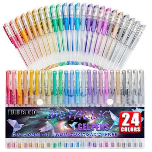 HUJUGAKO 48 Pack Metallic Gel Pens, 24 Colored Gel Pen with 24 Refills,40% More Ink Write Smooth for Adults Coloring Books Drawing Doodling Scrapbooks Bullet Journaling