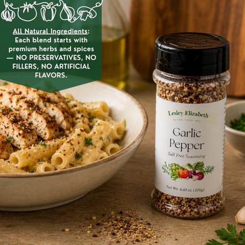 Image of Lesley Elizabeth Garlic Pepper Salt Free Seasoning - All-Natural Garlic & Black Pepper Blend | Salt-Free Spice for Chicken, Vegetables, Pasta & Gourmet Cooking