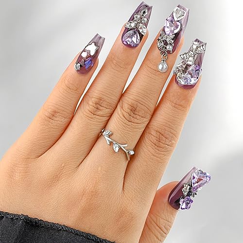 Sethexy Luxury Purple Rhinestone Handmade Fake Nail 3D Crystal Long Coffin Press on Nails Butterfly Bow False Nail Salon Durable Quality Nails for Women and Girls(A) - Image 2