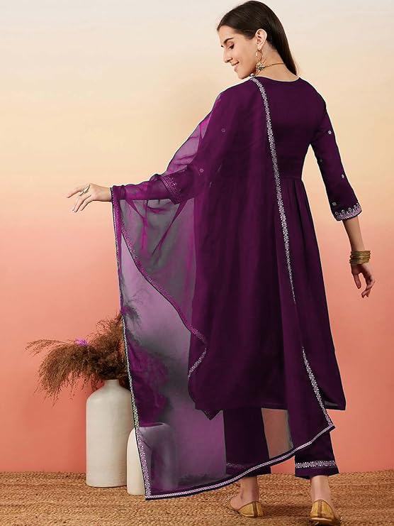 Lookmark Women's Embroidered Georgette Alia Cut Kurta Pant Dupatta Set - Trendy And Elegant Ethnic Wear For Women (Az-Lm-Og-Ks2111-Xxl) Purple