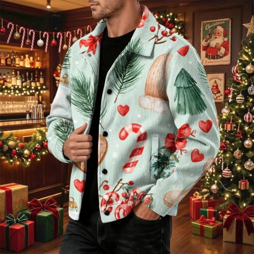 Fall Jacket for Men Vintage Christmas Print Retro Turn Down Collar Shacket - image 4