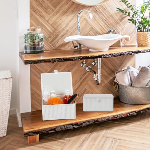 Relaxdays Aufbewahrungskorb, 2er Set, 2 Größen, mit Deckel, Bad, Kinderzimmer, Bambus & Stoff, Aufbewahrungsbox, weiß
