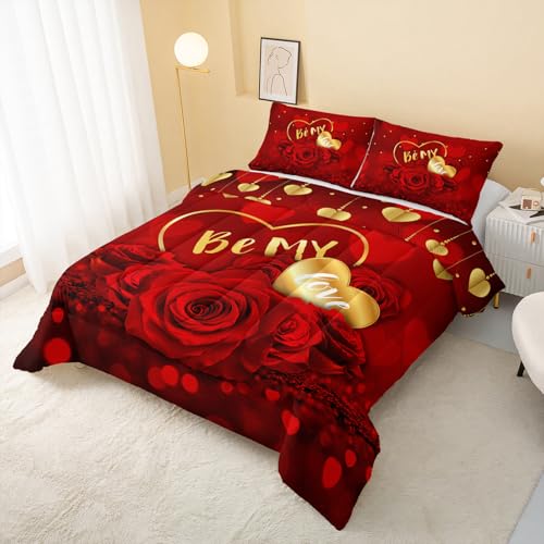 Image of QOOMO Red Rose Kids Bedding Set,Plant Print Comforter Set Full Size for Boys Girls Teen Room Decorat,Soft Lightweight Bed Set All Season,1 Comforter 2 Pillowcases