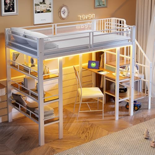 Idemon Cama alta 90 x 200 cm con barra de luz y enchufe, cama de hierro forjado con estante y estantería, cama individual multifuncional, color blanco