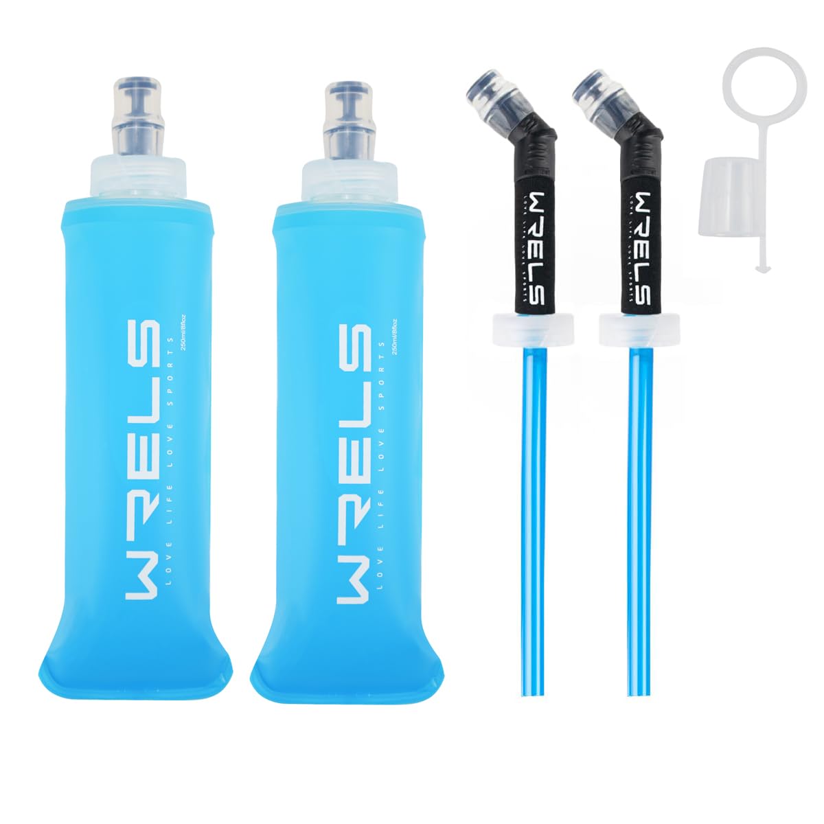 ソフトフラスク ハイドレーション ランニング ボトル 水筒 150ml/250ml/500ml 折りたたみ 防塵キャップ付き 軽量 トララン マラソン ハイキング 登山(水色,250ml*2+ストロー*2)