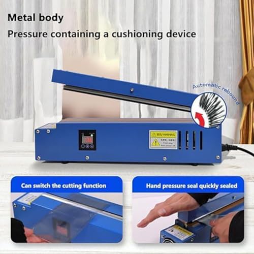 Sellador térmico manual para bolsas de alimentos, control de temperatura de 70-300 °C, potencia de 352 W, 300 mm de ancho, con sellado, corte, conteo, fecha de impresión para bolsas de polipropileno y