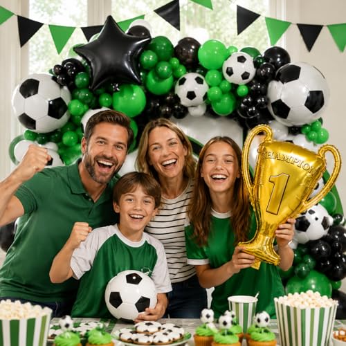 Image of 150Pcs Soccer Balloon Garland Arch Kit - Dark Green White Black Soccer Party Decorations Different Sizes Latex Party Balloons for Birthday World Football Boys Sports Theme Party Decorations