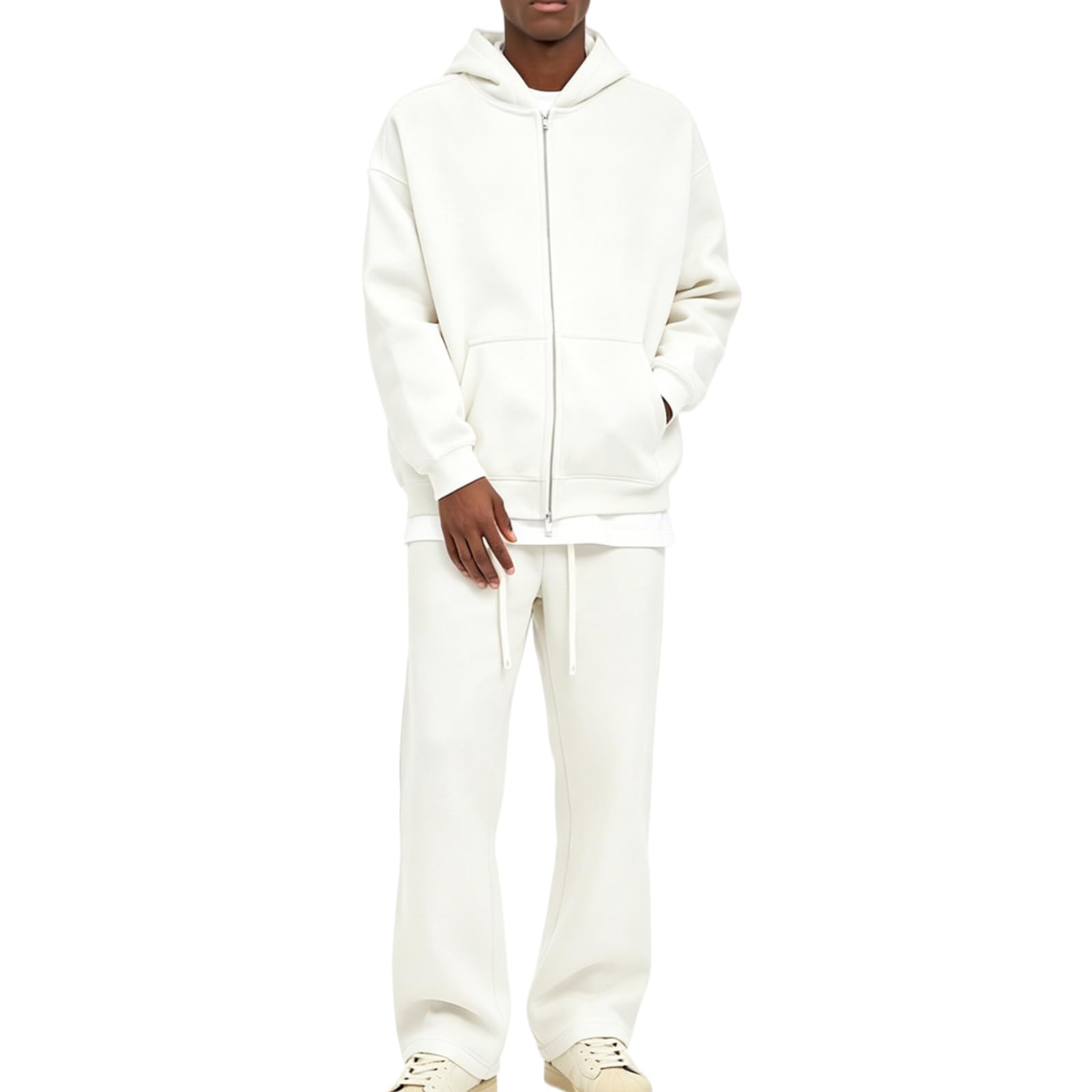 Dres, kurtka dresowa, bluza z kapturem, z zamkiem błyskawicznym, spodnie do joggingu zimowego, Kolor biały, XL | Kurtka polarowa unisex z zamkiem błyskawicznym i spodniami do biegania, ciepła i wygodna do codziennego użytku