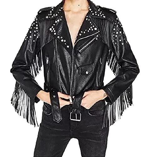 Womens Gothic Brando Rock Punk Studded Fringe Biker Black