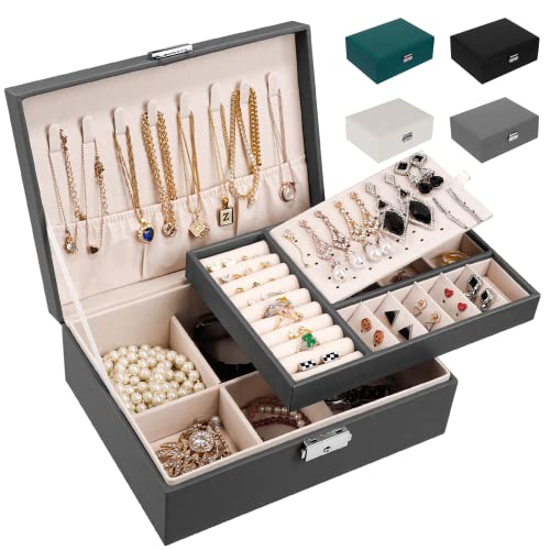 LUZOON Joyeros Mujer Organizador, 2 Capas Caja de Joyería Organizador Joyas Cuero PU, Grande Caja Joyero Niña para Anillos, Pendientes, Collares, con Cerradura (Gris)