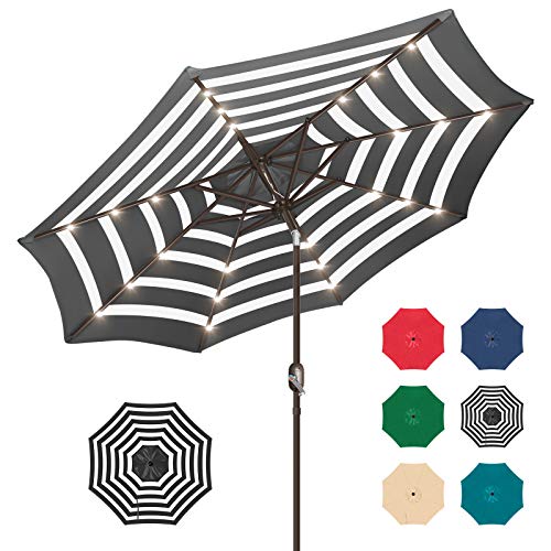 Funsite 9ft Patio Umbrella with Solar Lights, Outdoor Umbrella with 24 LED Solar Umbrella Lights, Solar Patio Umbrella with Push Botton Tilt & Crank Ideal for Garden, Backyard & Pool, Black Stripe by Funsite - Used condition - US$61.57
