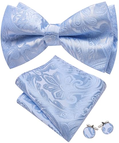 Image of YOHOWA Paisley Striped Men Bow Tie Pre-Tied Formal Adjustable Colorful Bowties Handkerchief Cufflinks Set Wedding Party