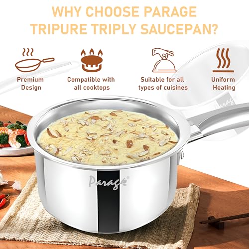 Image of Parage Tripure Tri-Ply Stainless Steel Sauce Pan 16 cm, 1.75 LTR | ISI Mark Certified | Heavy Bottom Steel Pan for Tempering & Cooking | Stay Cool Handle | Induction & Gas Friendly | 5 Years Warranty