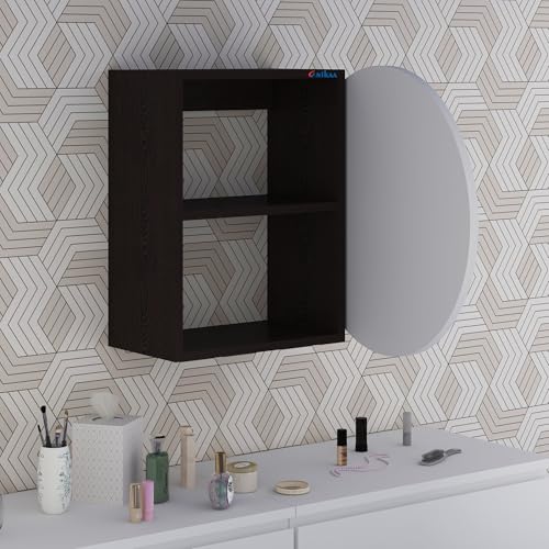 Image of Anikaa Eilish Mirror Cabinet | Wall-Mounted Round Mirror with Hidden Storage | Ideal for Bedroom, Bathroom & Entryway | Wenge /White(20x20x17 Inches)