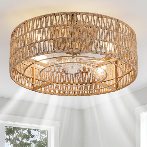 Boho Caged Flush Mount Ceiling Fan with Lights 6 Speeds Reversible Timer