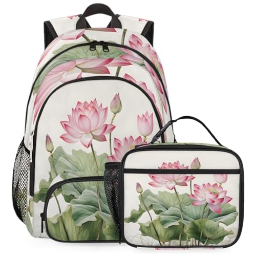 TropicalLife Lotus Flower Backpack with Lunch Box Set, Back Pack and Lunch Bag Lotus Flower Waterproof Casual Daypack Bag for Work Travel