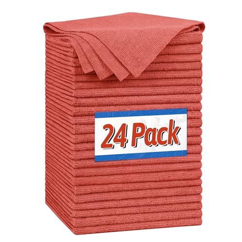 FIXSMITH Microfiber Cleaning Cloth, Shop Towels Bulk, 24 Pack Red Microfiber Towels for Cars, All-Purpose Absorbent Cleaning Rags, Dust Cloth for Automotive, Mechanic, Garage, Bar, 12 x 11 inch