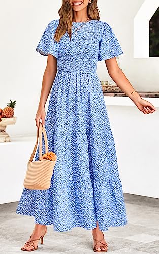 Image of PRETTYGARDEN Women's 2026 Summer Casual Flutter Short Sleeve Boho Floral Maxi Dress Crew Neck Smocked Tiered Long Dresses