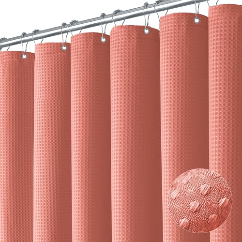 Dynamene Coral Fabric Shower Curtain - Waffle Weave Textured Heavy Duty Cloth Shower Curtains for Bathroom, 256GSM Hotel Luxury Weighted Bath Curtain Set with 12 Hooks,72x72, Coral Dynamene Coral Fabric Shower Curtain - Waffle Weave Textured Heavy Duty Cloth Shower Curtains for Bathroom, 256GSM Hotel Luxury Weighted Bath Curtain Set with 12 Hooks,72x72, Coral
