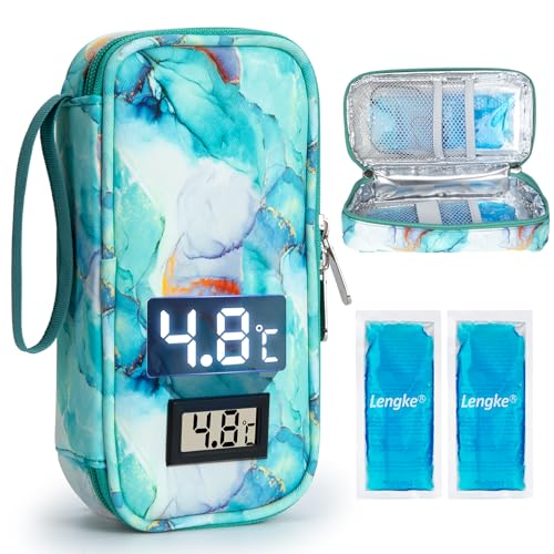 SUNMON Große Insulin Pen Kühltasche für 3-5 Pens mit 2 Kühlakkus, Temperaturanzeige Medikamente Kühltasche Reisetasche für Diabetikerzubehör,8-10 Std.Kühlung Medikamententasche 22x11.5x5cm