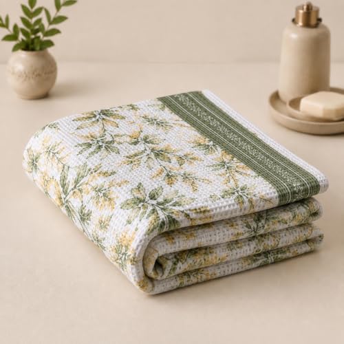 Image of Pure Cotton Printed Waffle Towel | Lightweight | Antimicrobial and Water Absorbent | Soft Touch Quick-Drying Bath Towel (Sage Botanical, Pack of 1)