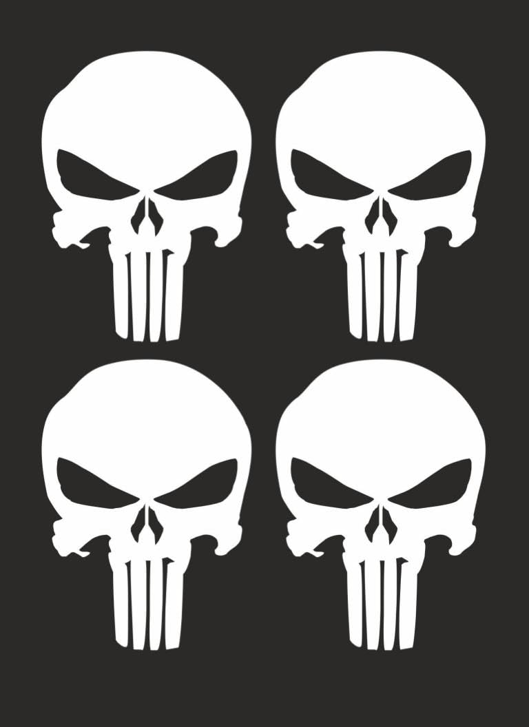 3x4 4 Pc Value Pack White Skull Punisher Skull Decal Sticker Vinyl Logo Motorcycle Helmet Car Bumper Trucks Flask Water Bottles Window Laptop Wall