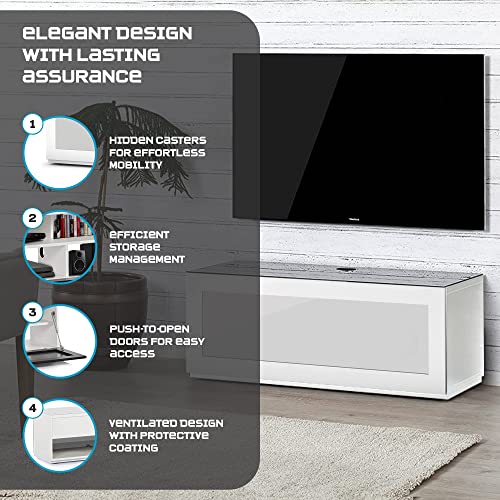 Image of SONOROUS ST-110 Premium TV Stand with White Wood & White Glass Cover - Modern Entertainment Center & Media Console for Living Room - TV Cabinet up to 65 Inch with Hidden Wheels - Sleek Storage Design