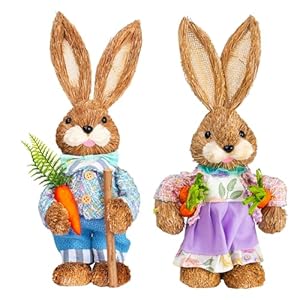 NEROSUN Set of 2 Easter Bunny Decorations 14 Inch Straw Standing Bunny with Carrot Tabletop Figurine Easter Rabbits Statue Decorations for Home Table Kitchen Farmhouse Spring Decor