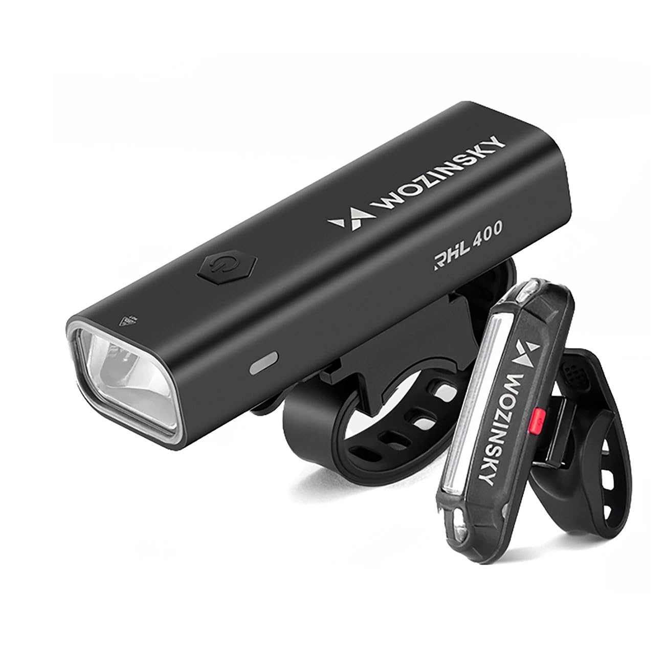 Wozinsky Zestaw Lampek Rowerowych WSBLB2, Przednia 400 lm z Tylną, Czarny, Aluminiowo-Plastikowy, Ładowanie USB-C