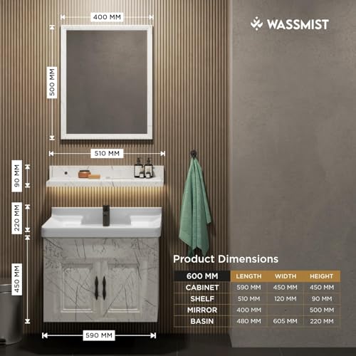 Image of WASSMIST Bathroom Vanity Washbasin Cabinet with Mirror & Shelf | Wall Mounted Wash Basin with Cabinet Full Set | Waterproof & Unbreakable (Cream)