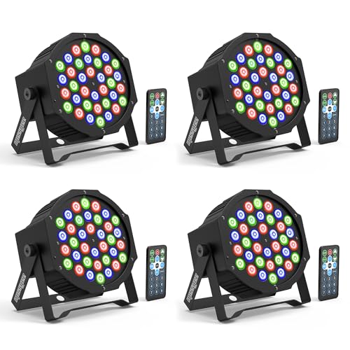 Missyee 36 RGB LED DJ Stage Uplight -DMX Control Sound Activated with Remote Control and 9 Modes LED for Wedding, Events, Christmas and Halloween Music Disco Party -R&D in USA-4 Pack