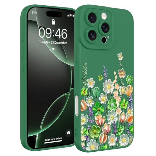 Image of Designed for iPhone 16 Pro Max Case Floral for Women Girls, Green | Cute Oil Painting Flower Pattern Liquid Silicone Phone Case [Full Camera Protection] Slim Soft TPU Protective Cover