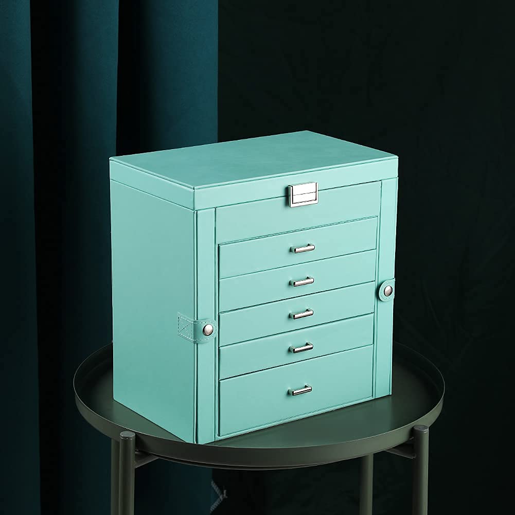 Frebeauty Large Jewelry Box,6-Tier PU Leather Jewelry Organizer with Lock Multi-functional Storage Case with Mirror Accessories Holder with 5 Drawers for Earrings Necklace Bracelet Watches(Turquoise)
