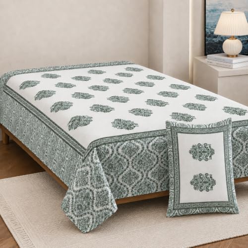 Image of elanorhomes 240 TC Pure 100% Cotton Single Bedsheet (60x90 Inches) with 1 Pillow Cover | Ultra-Soft, Breathable & Skin-Friendly | Lightweight & Durable, Green Fulwari Print