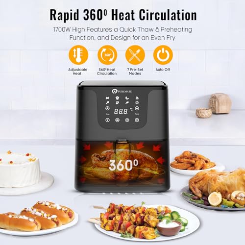 PureMate Air Fryer with Digital Display & Recipes Book, 5.5L Healthy Oil Free 1700W Air Fryer with 7 Preset, LED One Touch Screen, Timer & Adjustable Temperature Control PureMate Air Fryer with Digital Display & Recipes Book, 5.5L Healthy Oil Free 1700W Air Fryer with 7 Preset, LED One Touch Screen, Timer & Adjustable Temperature Control