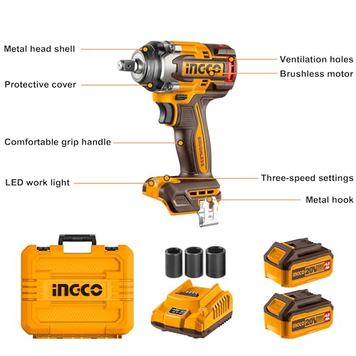 Ingco Brushless Impact Wrench 500Nm Nut-Busting Torque 650Nm, 20V Cordless 1/2Inch Battery Impact Gun, 2200RPM with 2Pcs 4.0Ah Battery and 1Pcs Fast Charger CIWLI2050 - Image 4