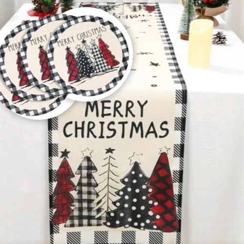 Camino de Mesa Navidad, 183 X 33 cms. Set Incluye 4 Manteles Individuales Redondos 38 cm. Decoración de Navidad, Cena Navideña
