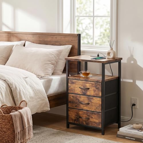 Image of Fixwal Night Stand with 3 Fabric Drawers, Nightstand for Bedroom, Bedside Table with Charging Station End Table with Storage, Rustic Brown