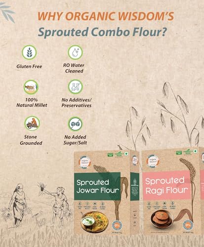 Image of Organic Wisdom-Back to Roots Sprouted Ragi & Jowar Atta (Flour) Combo Pack- 400 grams each|100% Natural & Gluten Free | Stone-Ground & RO water cleaned| Rich in Protein, Calcium & Dietary Fibre