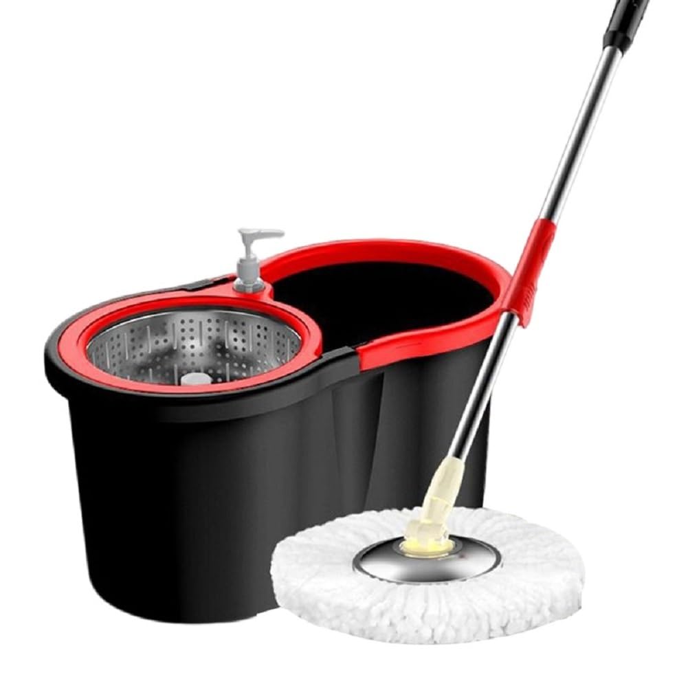 Juego De Fregona con 80-100Cm Palo Telescópico, Cubo Escurridor Giratorio Y Recambio De Microfibras, Incluye 2 Recambio Adicional, Spinning Mop and Bucket Set for All Types Floor Cleaning