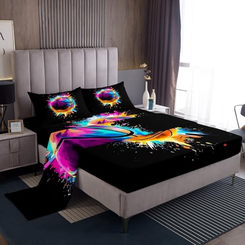 jejeloiu Basketball Fitted Sheet Twin Size Gaming Sports Bed Sheets Set for Kids Boys Girls Decor Gift for Basketball Lover Paint Splashes Bedding Set Breathable Soft Lightweight Bedroom Decor 3Pcs