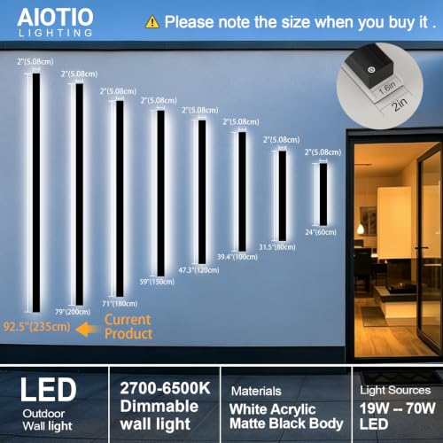 Image of AioTio Modern Outdoor Lights Fixture,2pack 92.5inch Exterior Porch Lights Fixture Wall Mount,Dimmable Rectangular Black Linear Long LED Outdoor Entrance Wall Sconce Lighting for Garage,Front Door