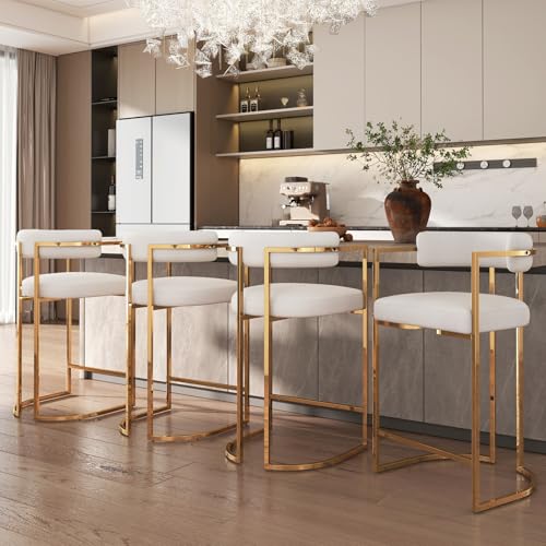 Butacos de Bar Gold Barrel, Juego de 4, Tapizados en Chenilla Moderna, con Estructura Dorada y Reposapiés, Ideal para Isla de Cocina, Bar en Casa o Pub miniatura 1