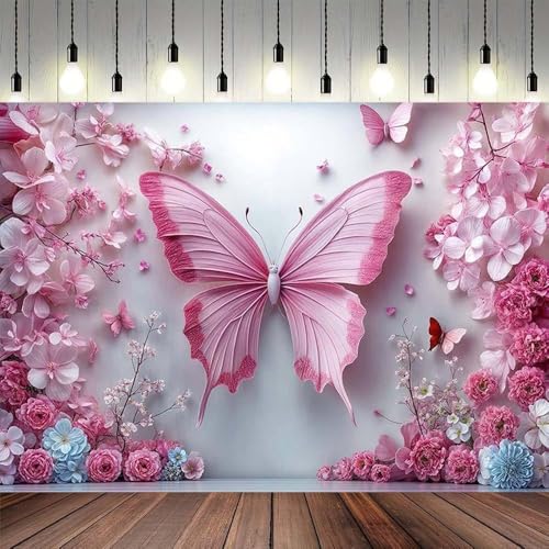 Pink Butterfly Flower Backdrop for Fairy Princess Girl Birthday Party Decoration Banner Floral Wonderland Photo Background Baby Shower Birthday Bridal Shower Party Decors (D, 7X5FT)