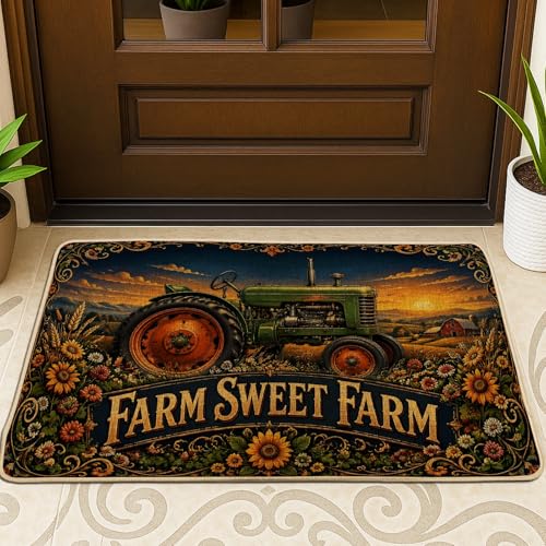 Zerbino con trattore di benvenuto, rustico, campagna, girasole, fienile, verde, antiscivolo, decorazione per la casa, per ingresso, portico esterno, balcone, 73 x 43 cm